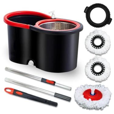 Imagem de Mop Giratório Com Cesto Em Inox Vermelho - Com Escovão Para Limpeza Pesada Cabo C/140Cm Ajustável + 3 Esfregão de microfibra