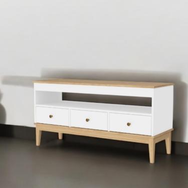 Imagem de Rack para TV até 50 Polegadas 3 Gavetas com Pés de Madeira Colonial Movelbento - Mel/Branco