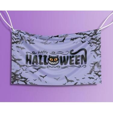 Imagem de Bandeira Decorativa Gato Happy Halloween 80cmx140cm Tecido Oxford 100%