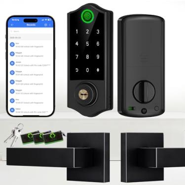 Imagem de Harfo Fechaduras de porta inteligentes de impressão digital com alças, controle de aplicativo, conjunto de fechadura de porta da frente sem chave, fechadura de teclado eletrônico digital Bluetooth com