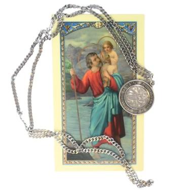 Imagem de St. Christopher Protect Us Medalha de estanho em corrente de aço inoxidável com cartão de oração laminado | Pingente religioso santo católico