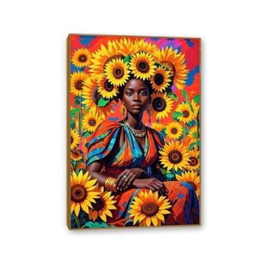 Imagem de Arte Africana Mulher Negra Cuadros Pôsteres Menina Impressão em Tela Escandinava Arte de Parede Abstrata Colorida Girassol Imagem Decoração 45x30cm Moldura Teca