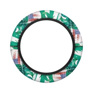 Imagem de Knextrepoy Capa de volante para carrinho de golfe com bandeira dos EUA, folhas de palmeira, neoprene para carrinho de golfe, acessórios para carros de clube
