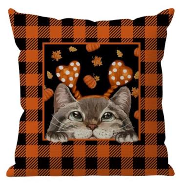 Imagem de ZAEW Capas de almofada de outono búfalo treliça aquarela gato fofo abóboras folhas de bordo decorações de outono para casa de fazenda sofá sofá decoração de férias ao ar livre 45,7 x 45,7 cm
