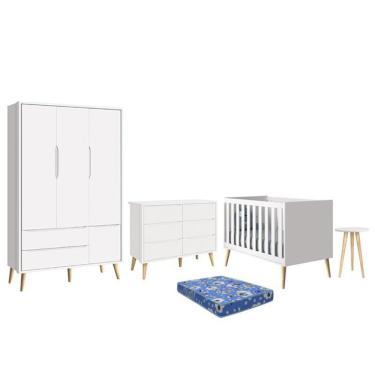 Imagem de Dormitório Theo 3 Portas, Cômoda 6 Gavetas, Berço, Mesa de Canto com Pés Madeira Natural e Colchão - Reller Móveis Branco Fosco