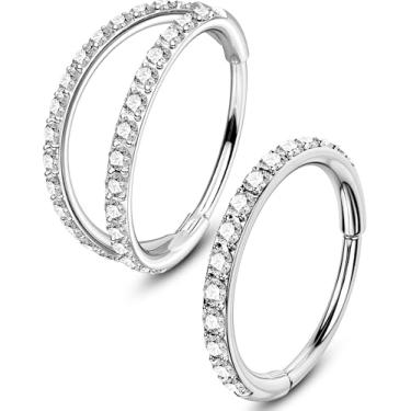 Imagem de OUFER 2 argolas de nariz, 20G 7 mm anéis de nariz de argola simples e dupla para mulheres, piercing de segmento articulado, joias de piercing de narina, cartilagem, concha, torre, hélice, tragus
