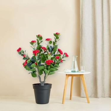 Imagem de Conjunto de 2 árvores de topiaria artificial com estacas de metal, plantas falsas de PE resistentes a UV de 89,9 cm com flores de camélia para decoração interna/externa, vermelho