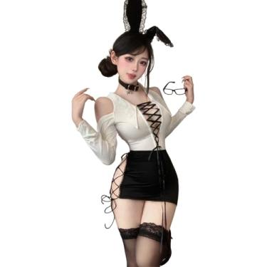 Imagem de TEBOCR Fantasia feminina sexy para escritório, secretária, roupa íntima feminina, sexy, cosplay, lingerie OL, de manga comprida, mini saia, vestido extravagante, roupa íntima recortada