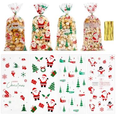 Imagem de eowqeiur 100 unidades de sacos de presente de celofane de Natal (12 x 28 cm) com laços de plástico Papai Noel doces biscoitos saque sacos de presentes bolsas a granel para lembrancinhas de festa de