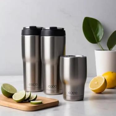 Imagem de Copo Térmico Parede Dupla em Aço Inox Cinza 350ml com Tampa Flip - Estilo Minimalista