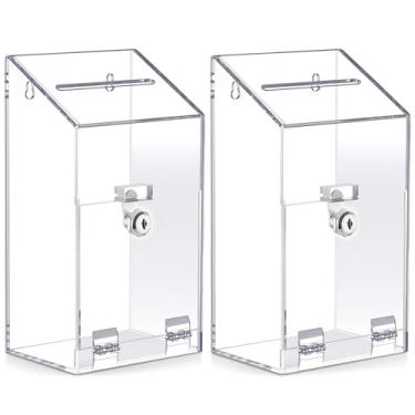 Imagem de Juexica Caixa de doação de acrílico SAFE2 peças 25,9 cm x 14,2 cm x 10,16 cm caixa de sugestões com trava e ranhura suporte de parede chave segura cédula para arrecadação de fundos transparente para