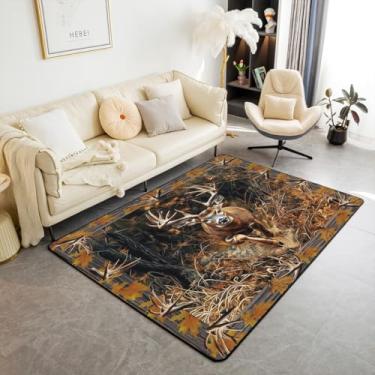 Imagem de Erosebridal Tapete de área de caça de veado 7,5 x 12,5 cm, tapete antiderrapante rústico com folhas de outono e folhas de outono, chifres de alce e chifre de veado, tapete decorativo lavável de