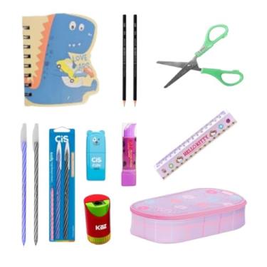 Imagem de Kit Material Escolar Aluno Colorido com 11 Itens Estudante com Estojo Canetas Caderno de Anotações
