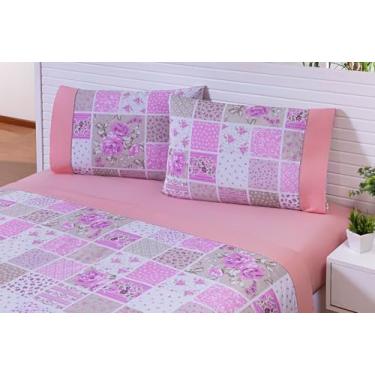 Imagem de Jogo Lençol 4 Peças Queen Estampado Patchwork Rosé 100% Algodão 200 Fios Ponto Palito (Rosé, 25cm)