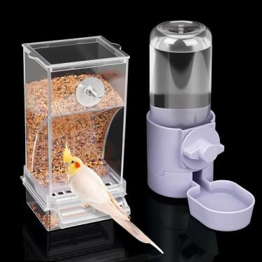 Imagem de lemtrflo Conjunto de dispensador de água para alimentador de pássaros sem bagunça, alimentador de pássaros para gaiola, acessórios de gaiola para calopsitas, tentilhões, periquitos e canários