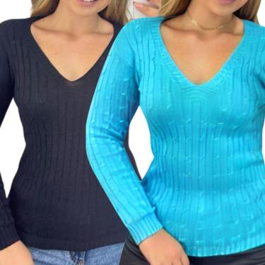Imagem de Kit 2 Blusas Industrie Femininas Suéter Malha Tricô e Turquesa Manga Longa Tamanho:Único;Cor:-Feminino