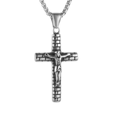 Imagem de HZMAN Colar de crucifixo masculino - pingente de cruz de Jesus de aço inoxidável 55 + corrente de 55 cm
