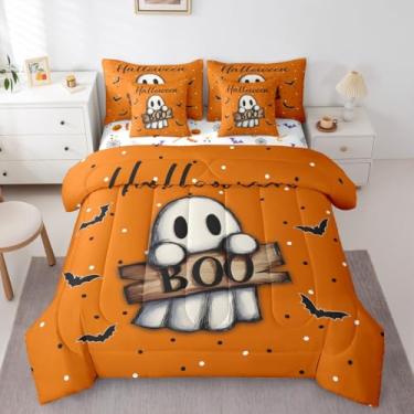 Imagem de Erosebridal Jogo de cama casal de 7 peças de fantasma fofo, cama de morcegos de Halloween em uma bolsa, conjunto de cama gótico laranja e branco inclui edredom, conjunto de lençol, fronhas e fronhas