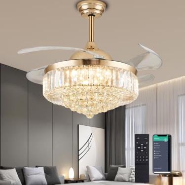 Imagem de PAFRUMGE Ventilador de teto de cristal de 122 cm com luz e controle remoto, lustre dourado moderno com lâminas retráteis invisíveis, ventilador de teto com brilho regulável para quarto, sala de estar