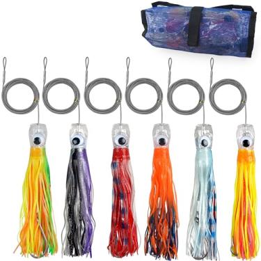 Imagem de Kit de iscas para pesca de água salgada, 6 peças de iscas de pesca de alto mar grande com fio de aço inoxidável saia de lula gancho para atum mahi, wahoo, golfinho, tubarão, marlin (22 cm)