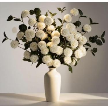 Imagem de LESING 10 peças de flores artificiais de haste longa com eucalipto para vaso, 50,8 cm de altura, pompon de seda falsa para mãe, arranjo a granel para decoração de sala de estar em casa (branco, 10