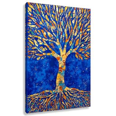 Imagem de Árvore da Vida Arte de parede Impressão em tela com figuras humanas para decoração Fotos Pintura em azul dourado 60x90cmx1