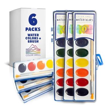 Imagem de Color Swell Pacote de 6 tintas de aquarela com pincéis de madeira, 8 cores, laváveis, cores de água, ótimo para crianças, adultos, festas, estudantes