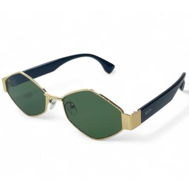 Imagem de ÓCULOS DE SOL SOLON GLASSES TRIANGULAR MODERNO PRETO COM DOURADO PROTEÇÃO UV400 + CASE RIGIDA + FLANELA + LIMPA LENTES