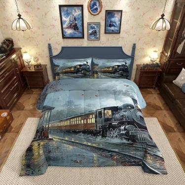 Imagem de Erosebridal Conjunto de edredom solteiro, trem a vapor, estação ferroviária, para crianças, adultos, veículo de transporte, trens vintage, conjunto de cama, 2 peças, decoração de quarto