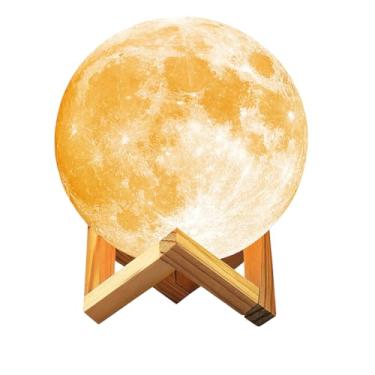 Imagem de Luminária Lua Cheia 3D Luz Noturna LED com Base de Plástico Estilo Madeira Luz Noturna Decorativa Realista para Quarto Sala e Escritório Presente Criativo e Aconchegante 11cm Original