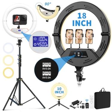 Imagem de PolyPower 18” Ring Light Com Suporte, 2Pcs Dobrável Big Ring Light Para Ipad Iphone, Display Led/4 Clipes/2 Portas Usb, 2700-6500K, Tripé Ring Light Para Tatuagem Lash Barber Maquiagem Estúdio Vídeo