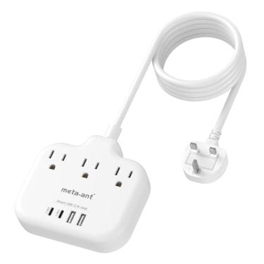 Imagem de Adaptador de viagem tipo G UK para viagens, meta-ant dos Estados Unidos para o Reino Unido com cabo de extensão de 5 pés, 3 tomadas 4 USB (2 USB-C), adaptador de tomada de viagem para o Reino Unido a