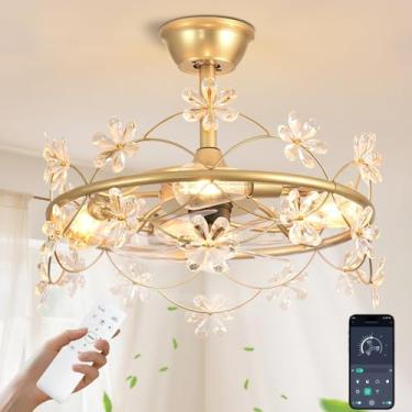 Imagem de Depuley Ventilador de teto para quarto com luzes: lustre dourado de 50 cm pequeno ventilador com controle remoto - lustre de flores moderno para quarto de menina sala de estar cozinha