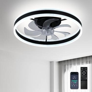 Imagem de diisunbihuo Ventiladores de teto de perfil baixo com luzes e controle remoto, lustre de montagem embutida de 50,8 cm com luz de LED regulável, ventiladores de teto pretos sem lâminas com luzes para