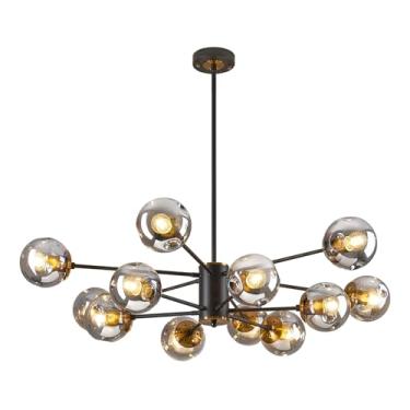 Imagem de DDLLDESHI Lustre dourado moderno de 2 camadas Sputnik luminária de teto com 12 lustres de sombra de bolha de vidro globo para sala de jantar hotel bar casa sala de bilhar (lustre preto grande de 104