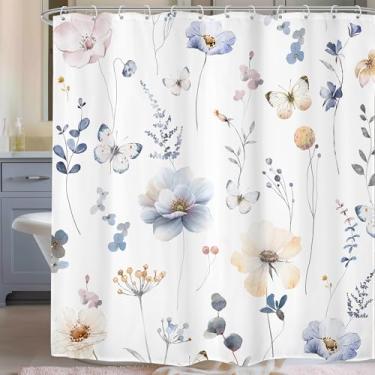 Imagem de Omifly Cortina de chuveiro borboleta floral aquarela 182 cm L x 182 cm A flor azul boho primavera conjunto de decoração de banheiro com 12 ganchos de plástico à prova d'água acessórios de banheiro