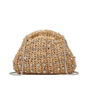 Imagem de Jusavie Bolsa clutch feminina de palha com strass 2025 de tecido Bolinho de Massa Bolsa de verão Raffia Rattan férias praia bolsa, Café, Medium