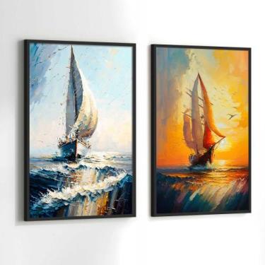Imagem de Conjunto Quadros Decorativos com Moldura Pintura Barcos Sol Arte Kit 2
