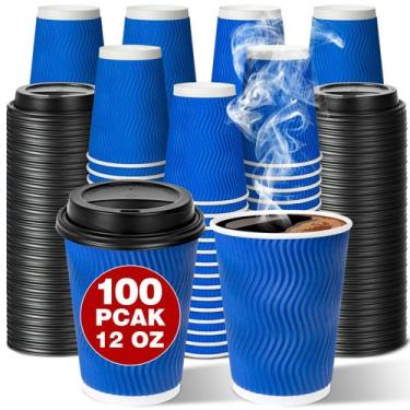 Imagem de Copos de café descartáveis Ginkgo 350ml, pacote com 100 tampas azuis