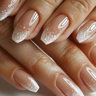 Imagem de RTKHFZE Unhas de pressão média, unhas postiças de caixão, pregos postiços de bailarina, unhas médias, unhas médias, com designs de unhas de acrílico, cola completa nas unhas para manicure