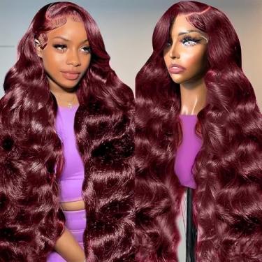 Imagem de Peruca de cabelo humano borgonha de 61 cm de comprimento 33 x 15 cm Borgonha perucas de cabelo humano 200 densidades HD Lace Front Wigs sem cola vinho vermelho ondulado frontal perucas pré-arrancadas