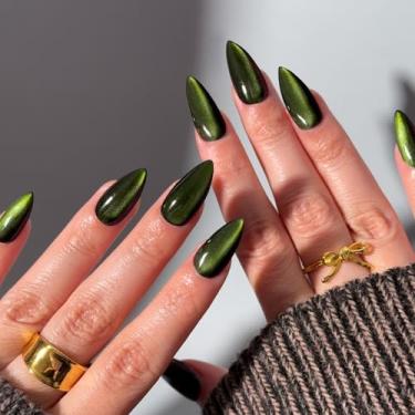 Imagem de Pregos verdes neon pressionados, unhas postiças de gato neon em forma de amêndoa média, cola preta com glitter SXVME nas unhas falsas, unhas postiças de acrílico grosso, unhas postiças brilhantes para