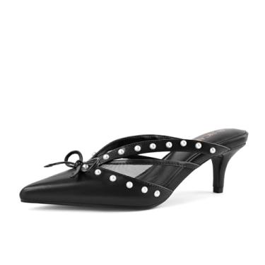 Imagem de SICARE Salto baixo gatinho feminino fechado bico fino stiletto com laço, pérolas sensuais, sem cadarço, sandálias mula, sapatos elegantes, Preto, 35