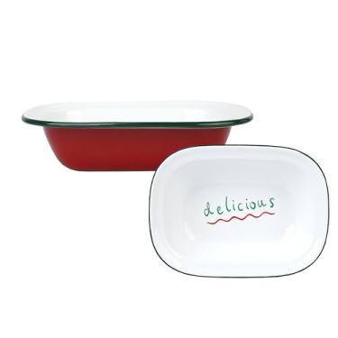 Imagem de Talking Tables Prato de servir vermelho esmaltado com forma de bolo de impressão deliciosa, prato de compartilhamento de churrasco, bandeja de salada ou lanche de festa, esmalte de metal inquebrável