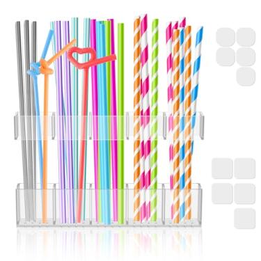 Imagem de Tcwhniev Suporte de canudo de acrílico, organizador de armazenamento de palha reutilizável sem armário de perfuração com fita dupla face para porta de armário