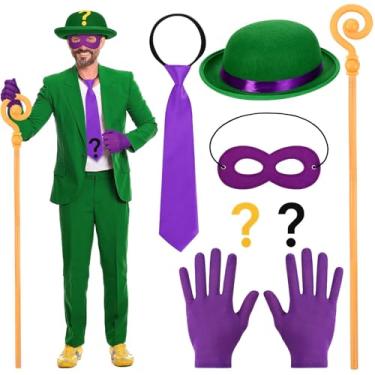 Imagem de 6 Pcs Halloween Question Mark Costume Comic Character Accessory Kit with Felt Green Hat Tie Purple Eye Mask Glove Gold Cane Question Mark Stickers for Adult Men Halloween Cosplay Party Dress up