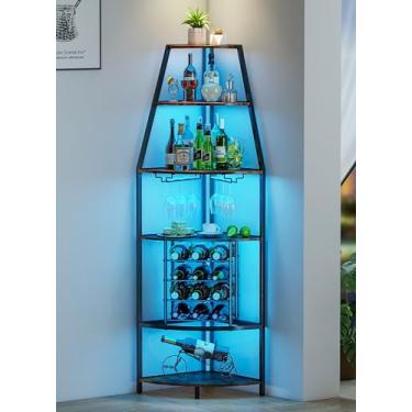 Imagem de Suuiwau Rack de vinho de canto de 6 camadas com luzes LED, armazenamento de vinho no chão com suporte de vidro, prateleira industrial de metal e madeira para cozinha, sala de estar, sala de jantar