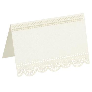 Imagem de PATIKIL 50 peças de cartões de casamento, corte a laser, renda, flor, nome, cartão, cartão de mesa, papel perolado para mesa, recepção de casamento, buffet, festa de negócios, bege