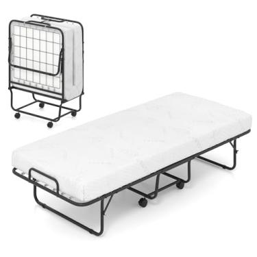 Imagem de KOMFOTT Cama dobrável com colchão, cama dobrável de tamanho de berço com estrutura de metal resistente e rodas traváveis, camas dobráveis portáteis para escritório, apartamento, espaços pequenos