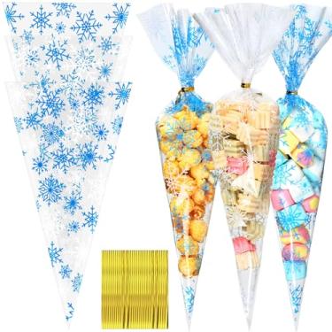 Imagem de Epakh 150 conjuntos de sacos de guloseimas de celofane em forma de cone de floco de neve sacos de doces de plástico transparente com laços torcidos para presentes de inverno